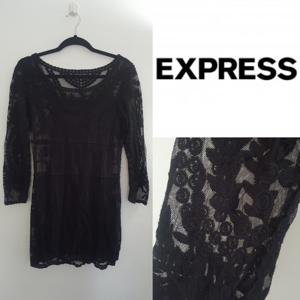 Express Black Lace Long Sleeve Mini Dress w/ Slip